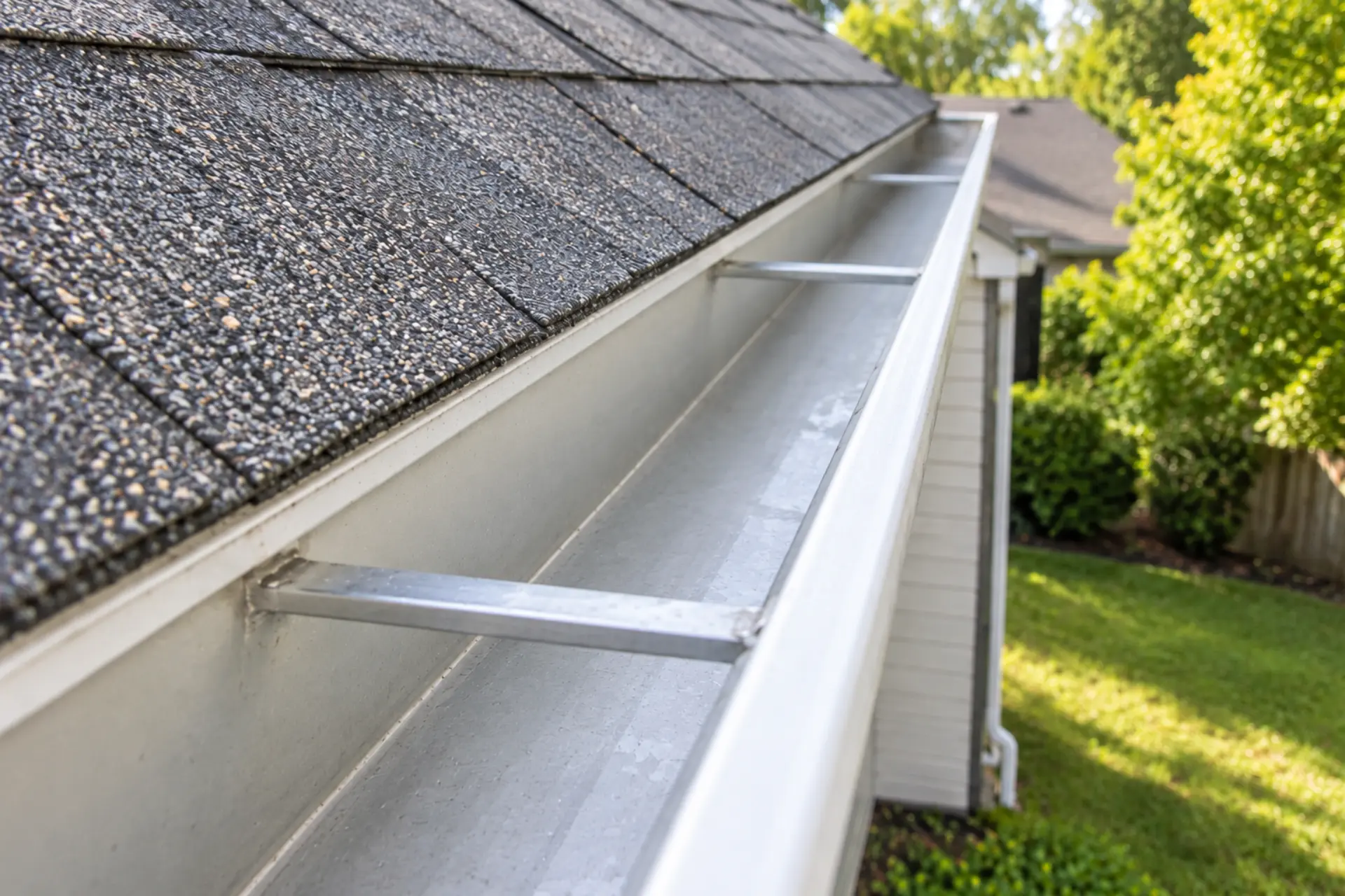 The same roof gutter clear and free-flowing after professional cleaning