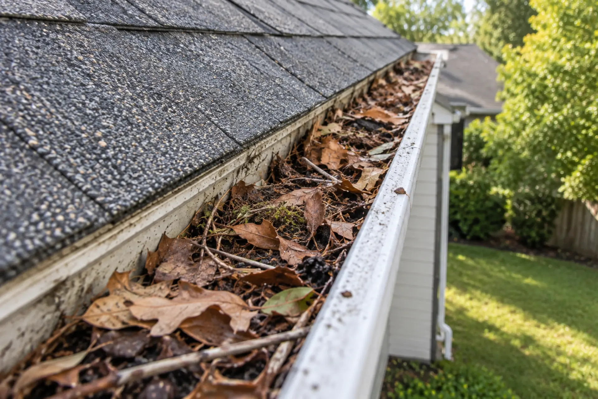 Roof gutter packed with wet leaves and debris before cleaning