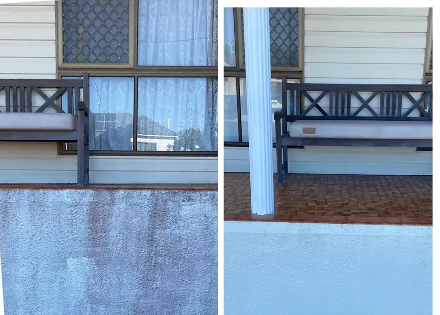 Rendered courtyard wall and column before and after cleaning