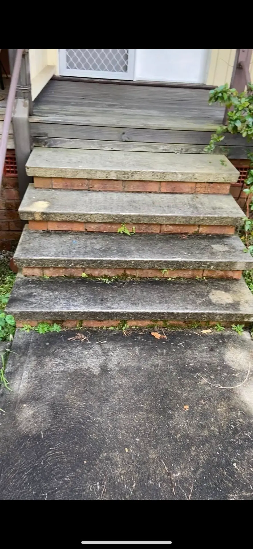 Outdoor stairs before cleaning, treads darkened with moss, dirt and algae