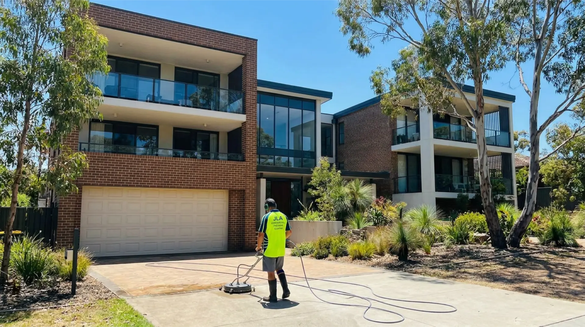 JLA technician pressure cleaning the driveway of a modern strata property in Lake Macquarie